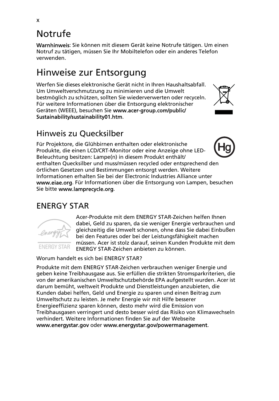 Notrufe, Hinweise zur entsorgung, Hinweis zu quecksilber | Energy star | Acer Aspire One AO522 User Manual | Page 136 / 1810