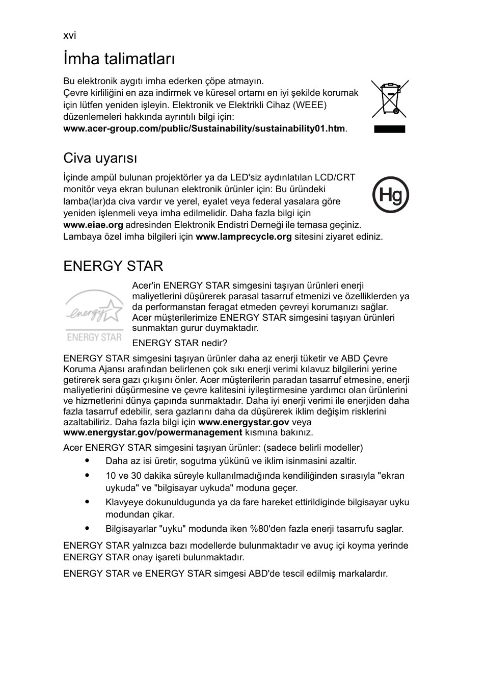Imha talimatları, Civa uyarısı, Energy star | Acer Aspire One AO522 User Manual | Page 1398 / 1810