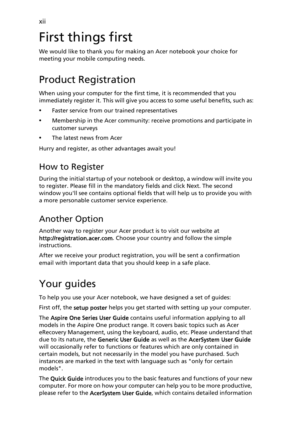 First things first, Product registration, Your guides | How to register, Another option | Acer Aspire One AO522 User Manual | Page 14 / 1810