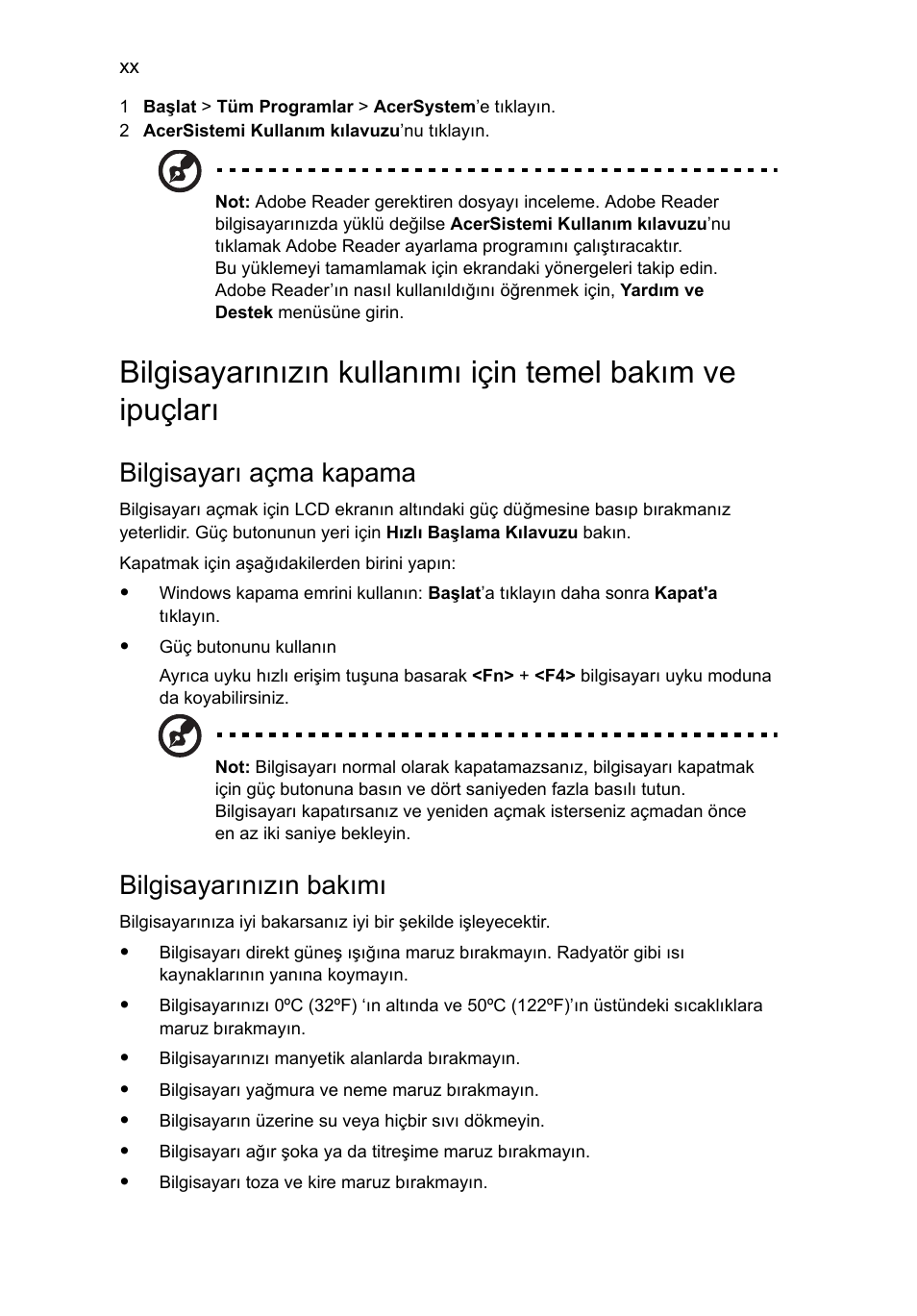 Bilgisayarı açma kapama, Bilgisayarınızın bakımı | Acer Aspire One AO522 User Manual | Page 1402 / 1810
