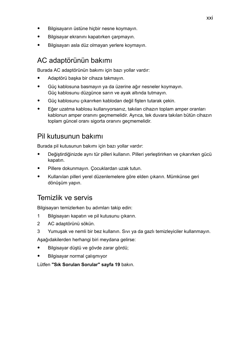 Ac adaptörünün bakımı, Pil kutusunun bakımı, Temizlik ve servis | Acer Aspire One AO522 User Manual | Page 1403 / 1810