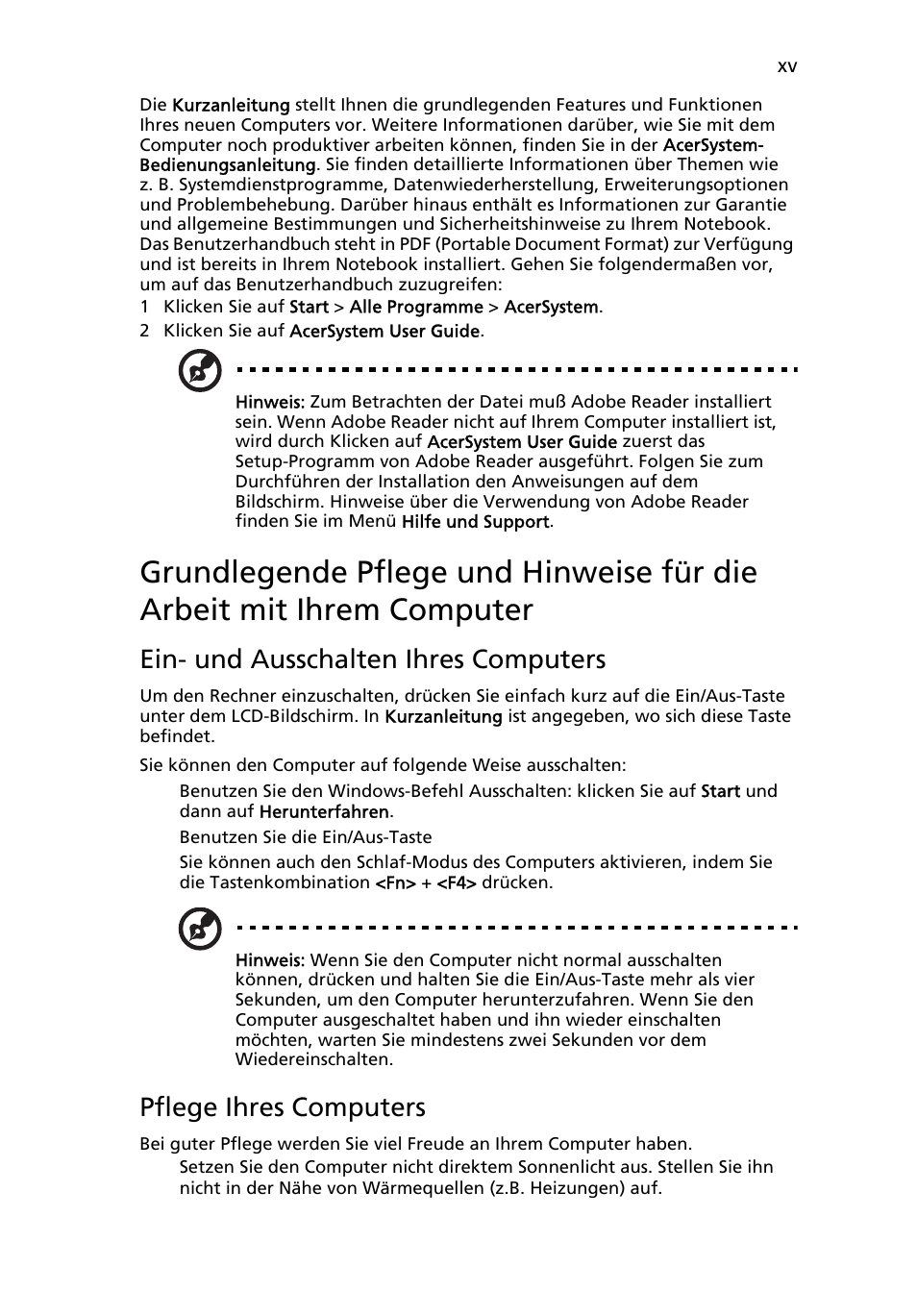 Ein- und ausschalten ihres computers, Pflege ihres computers | Acer Aspire One AO522 User Manual | Page 141 / 1810