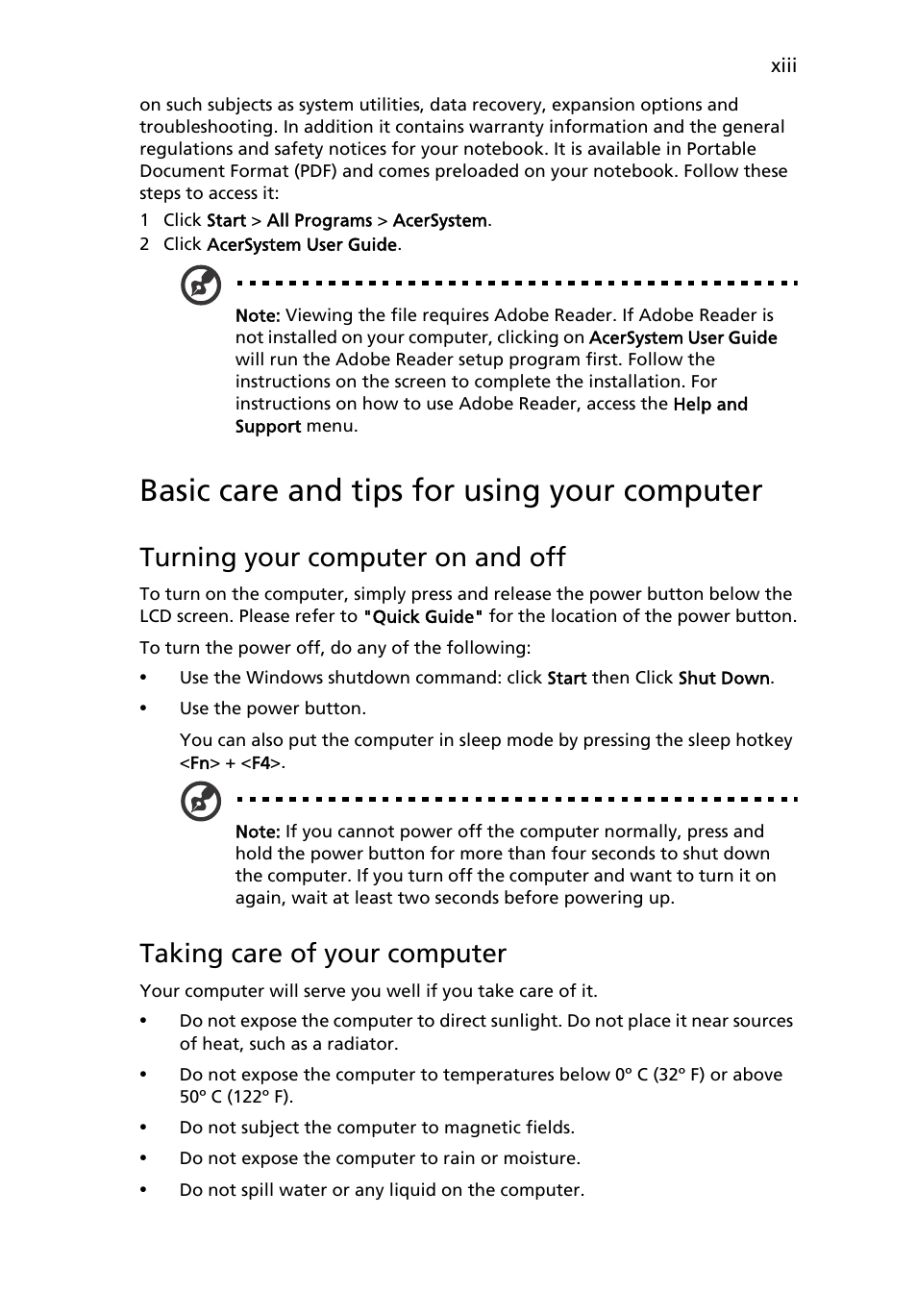 Basic care and tips for using your computer, Turning your computer on and off, Taking care of your computer | Acer Aspire One AO522 User Manual | Page 15 / 1810