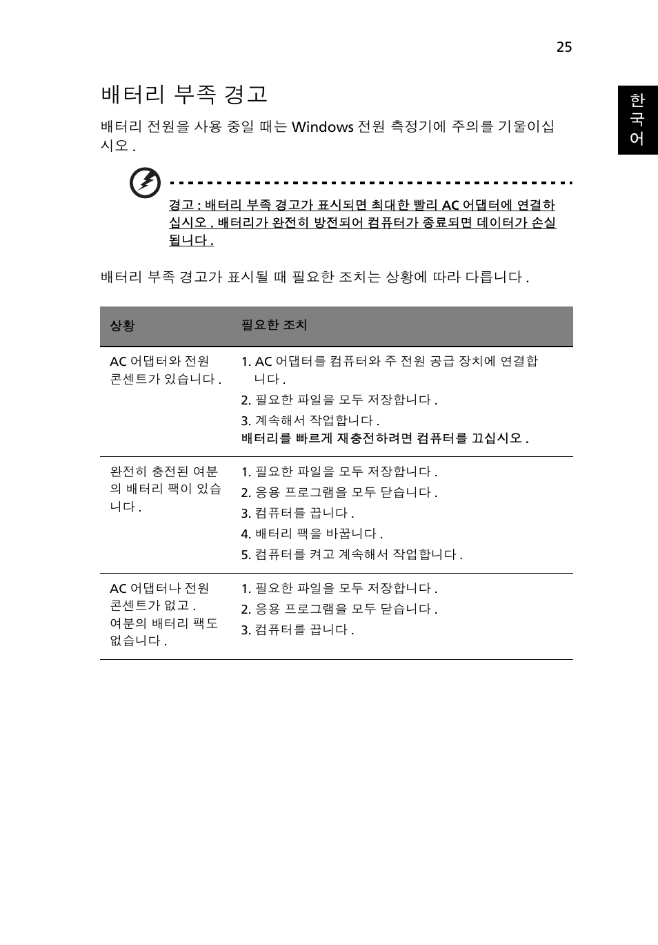 배터리 부족 경고, 부족 경고 | Acer Aspire One AO522 User Manual | Page 1557 / 1810