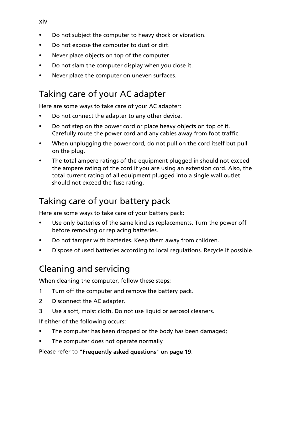 Taking care of your ac adapter, Taking care of your battery pack, Cleaning and servicing | Acer Aspire One AO522 User Manual | Page 16 / 1810