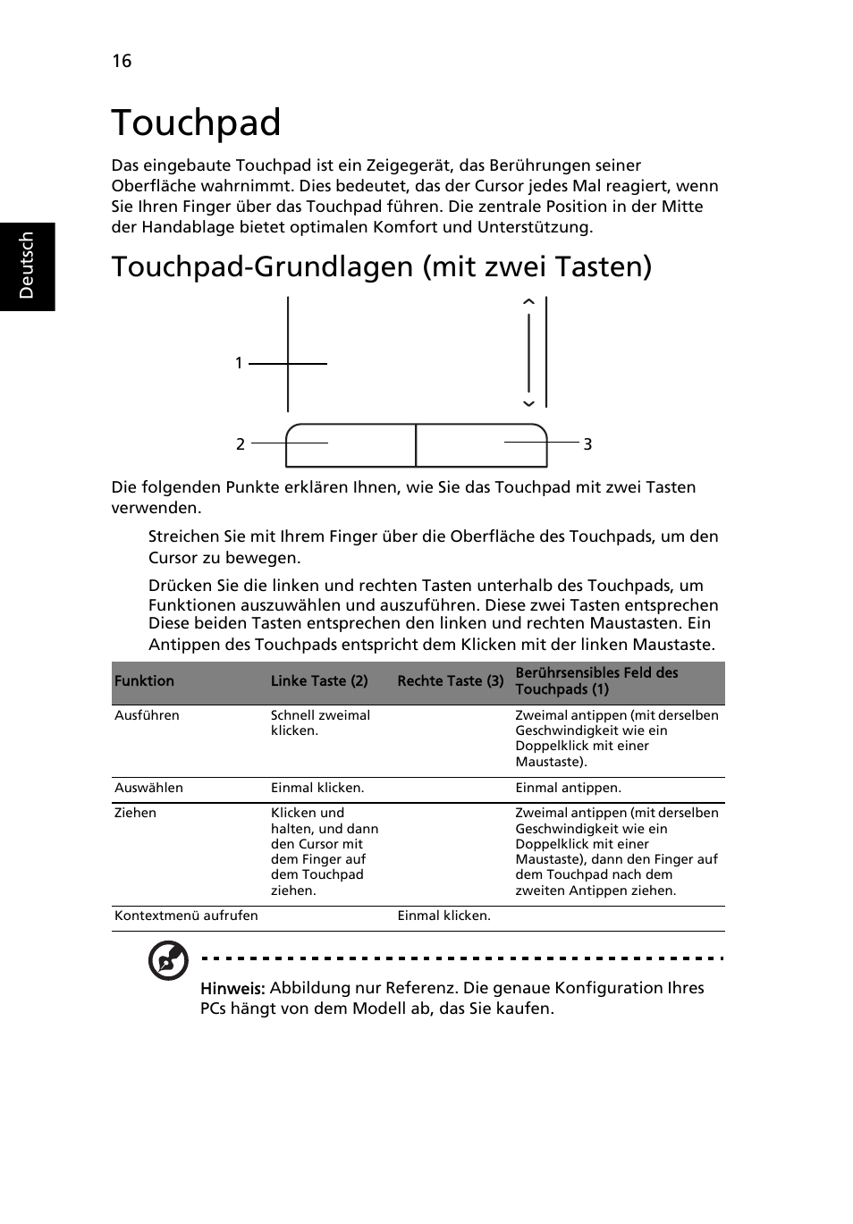 Touchpad, Touchpad-grundlagen (mit zwei tasten) | Acer Aspire One AO522 User Manual | Page 162 / 1810