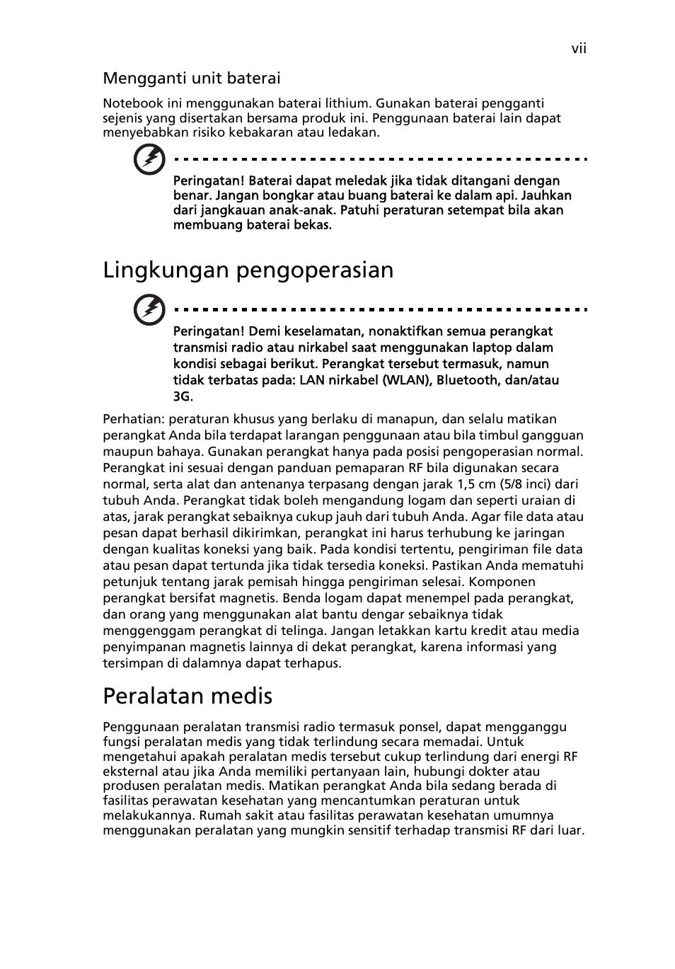 Lingkungan pengoperasian, Peralatan medis | Acer Aspire One AO522 User Manual | Page 1693 / 1810