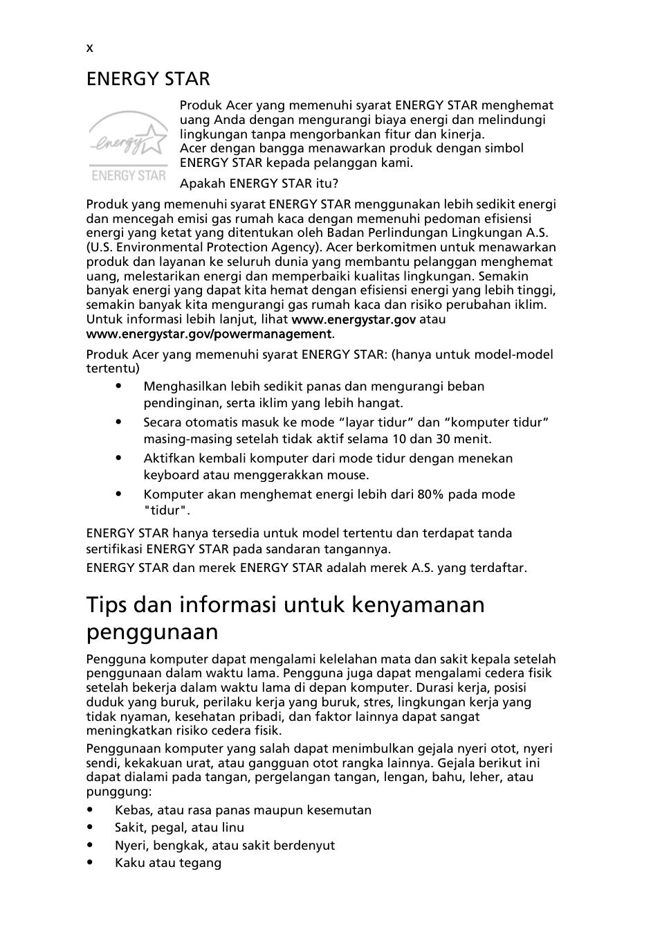 Tips dan informasi untuk kenyamanan penggunaan, Energy star | Acer Aspire One AO522 User Manual | Page 1696 / 1810