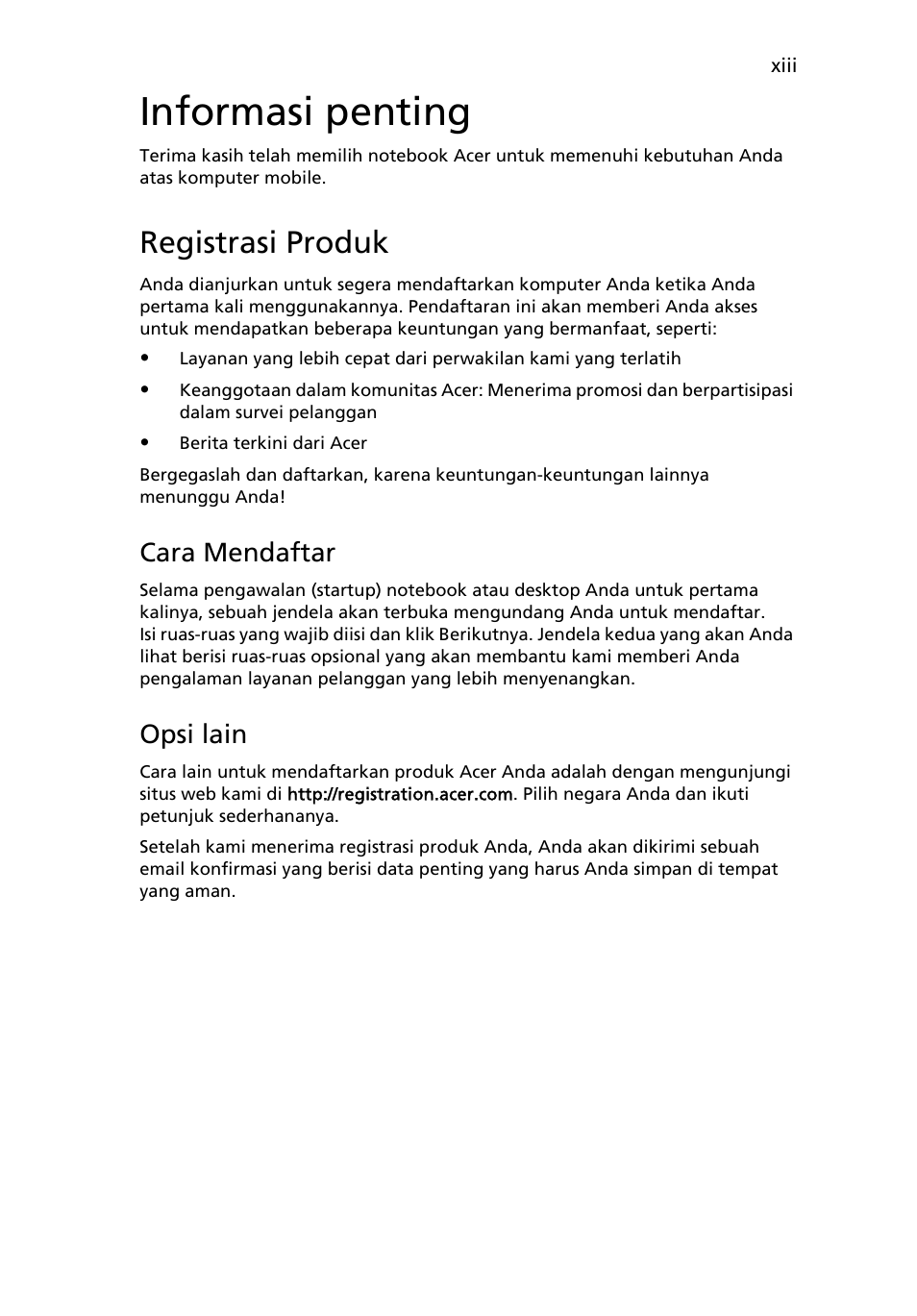 Informasi penting, Registrasi produk, Cara mendaftar | Opsi lain | Acer Aspire One AO522 User Manual | Page 1699 / 1810