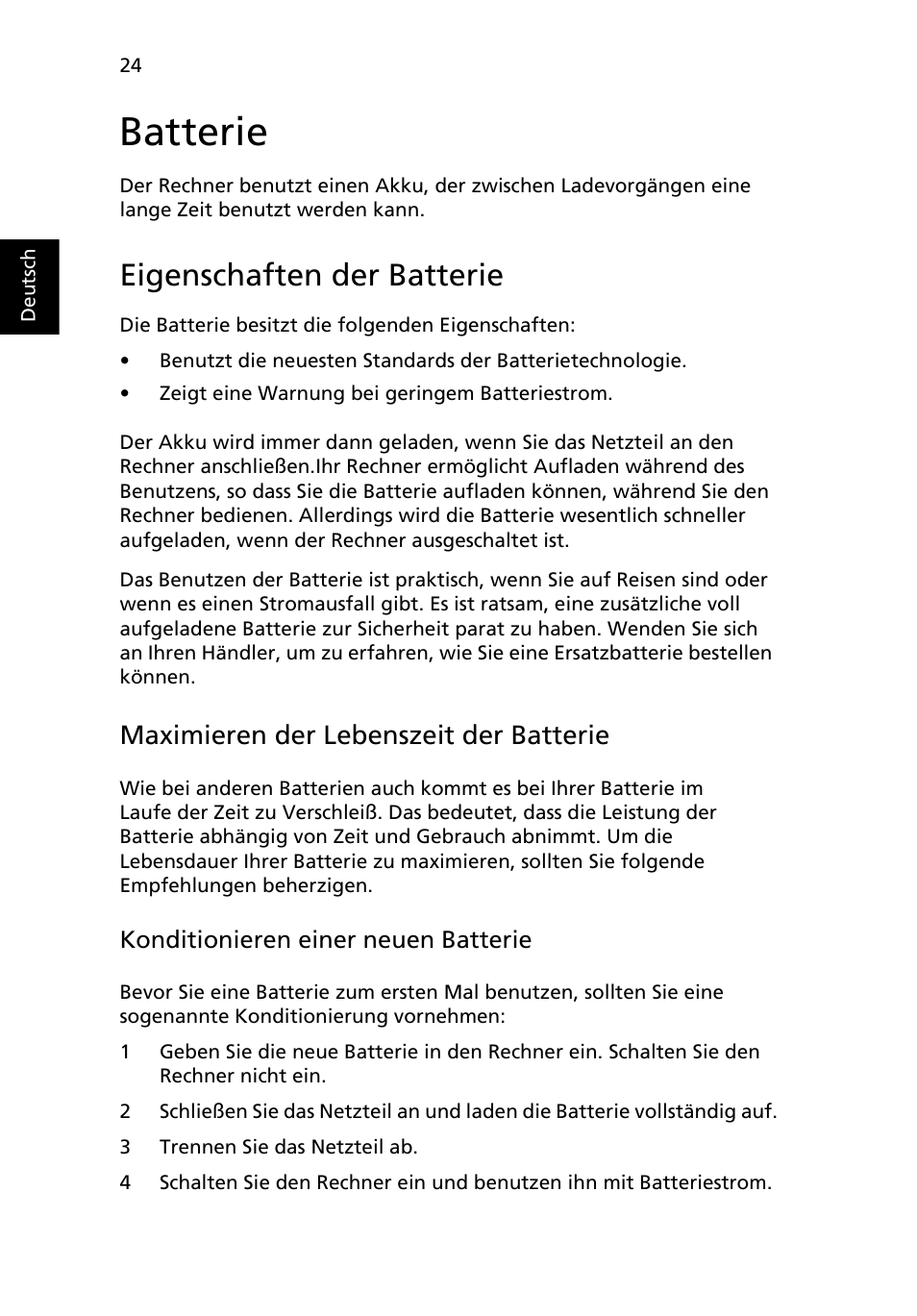 Batterie, Eigenschaften der batterie, Maximieren der lebenszeit der batterie | Acer Aspire One AO522 User Manual | Page 170 / 1810