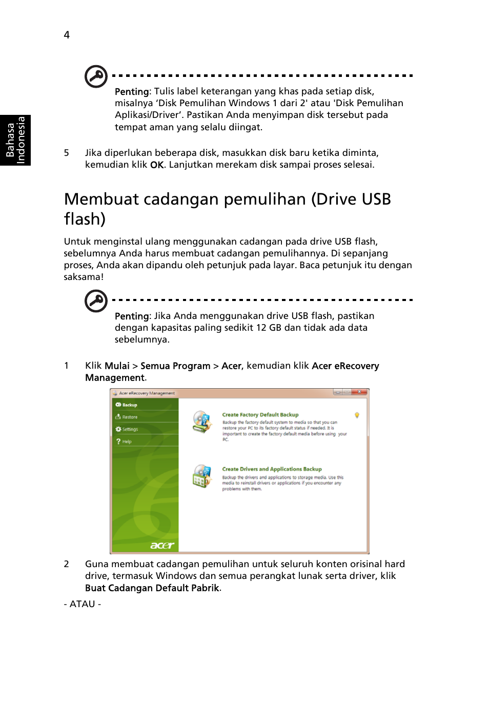 Membuat cadangan pemulihan (drive usb flash) | Acer Aspire One AO522 User Manual | Page 1710 / 1810