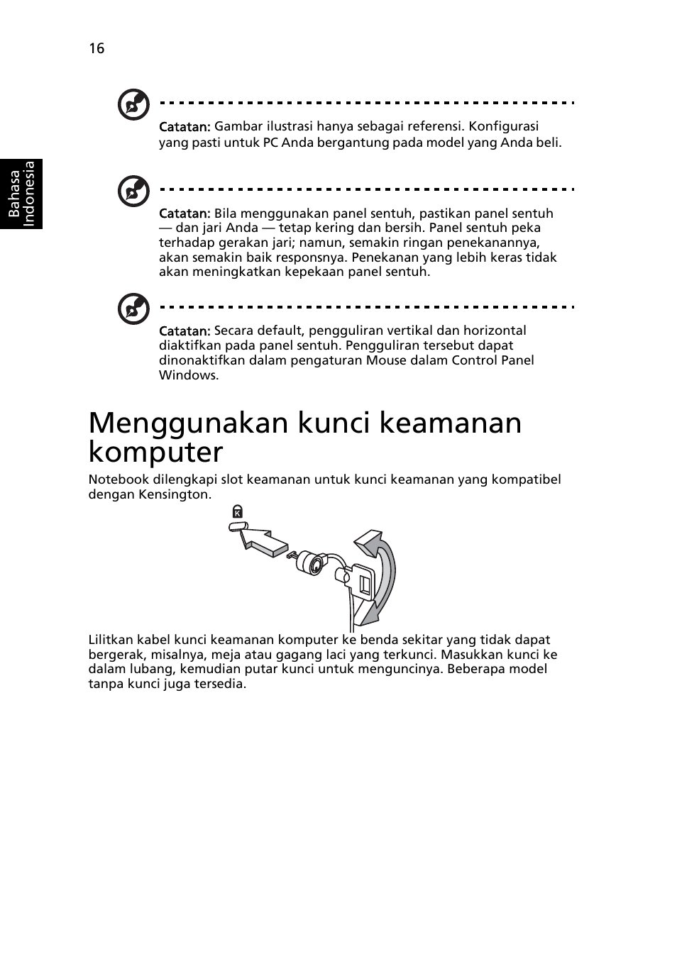 Menggunakan kunci keamanan komputer | Acer Aspire One AO522 User Manual | Page 1722 / 1810