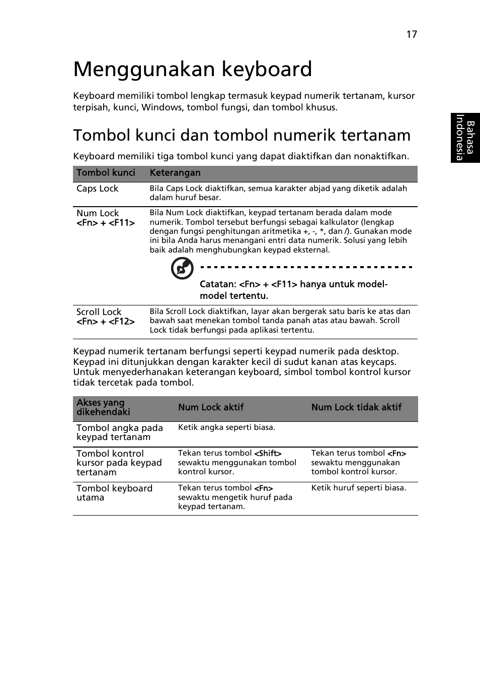 Menggunakan keyboard, Tombol kunci dan tombol numerik tertanam | Acer Aspire One AO522 User Manual | Page 1723 / 1810