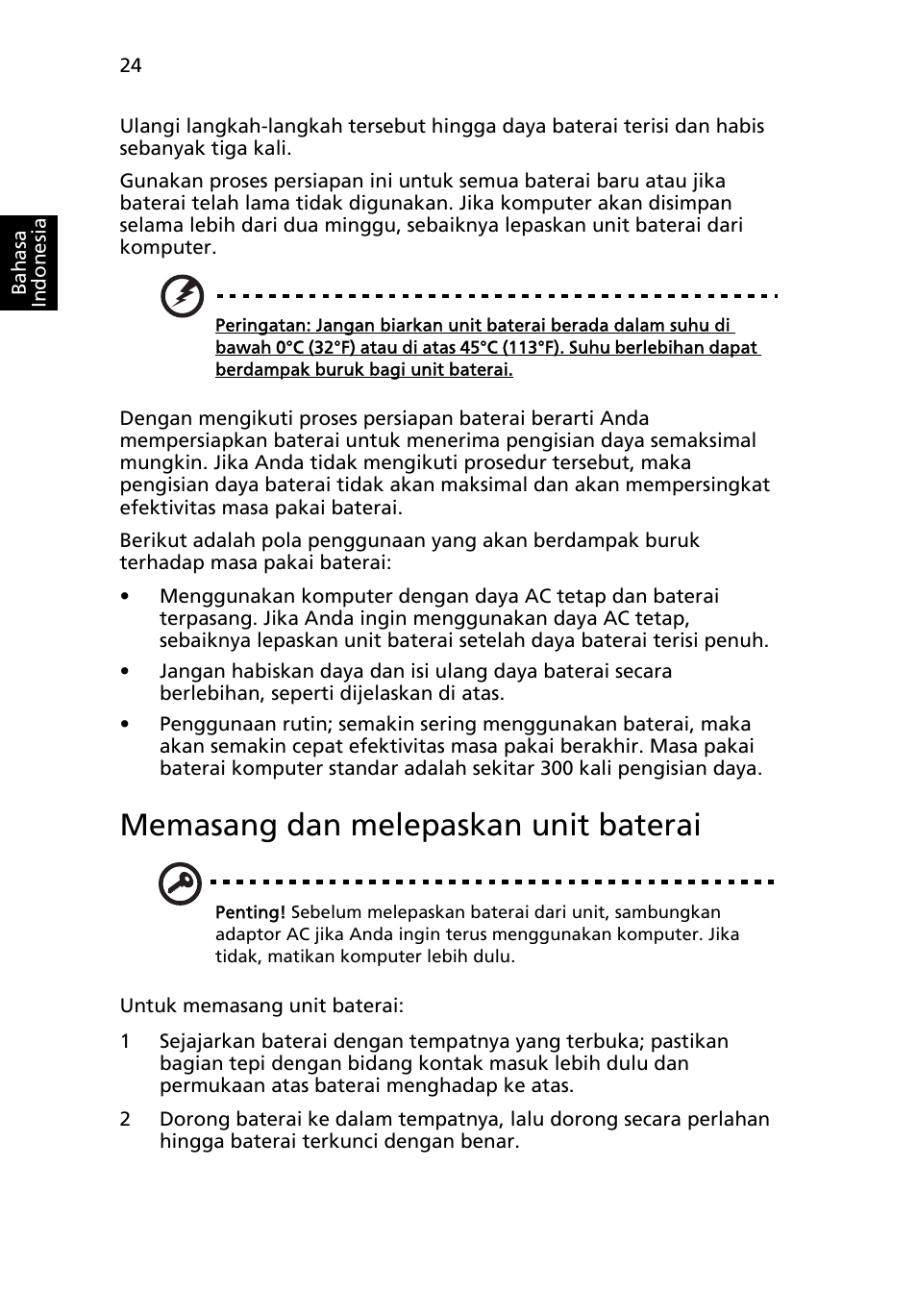Memasang dan melepaskan unit baterai | Acer Aspire One AO522 User Manual | Page 1730 / 1810