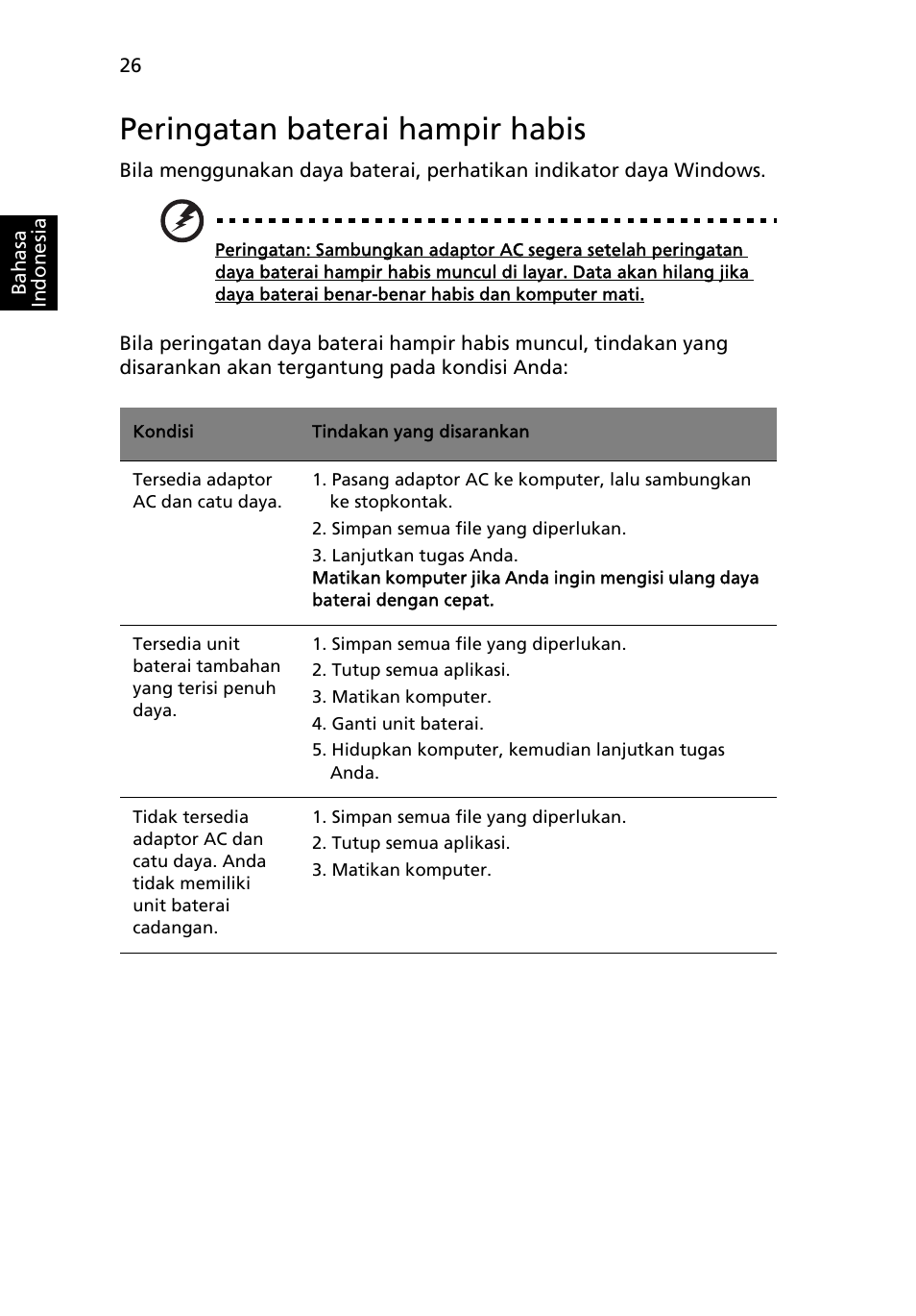 Peringatan baterai hampir habis | Acer Aspire One AO522 User Manual | Page 1732 / 1810