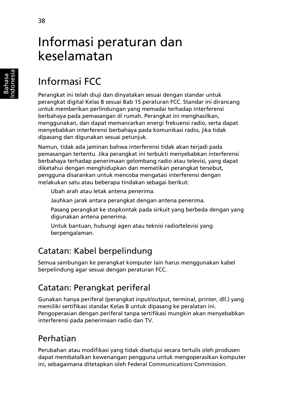 Informasi peraturan dan keselamatan, Informasi fcc, Catatan: kabel berpelindung | Catatan: perangkat periferal, Perhatian | Acer Aspire One AO522 User Manual | Page 1744 / 1810