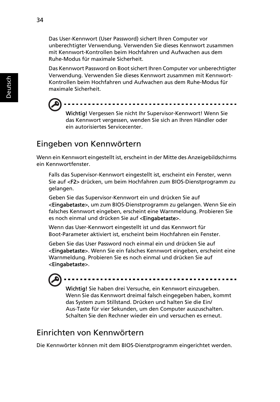 Eingeben von kennwörtern, Einrichten von kennwörtern | Acer Aspire One AO522 User Manual | Page 180 / 1810