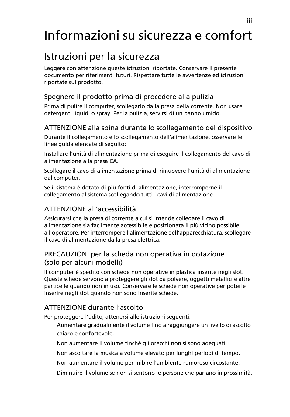 Informazioni su sicurezza e comfort, Istruzioni per la sicurezza | Acer Aspire One AO522 User Manual | Page 195 / 1810