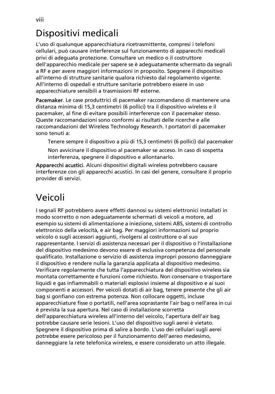 Dispositivi medicali, Veicoli | Acer Aspire One AO522 User Manual | Page 200 / 1810