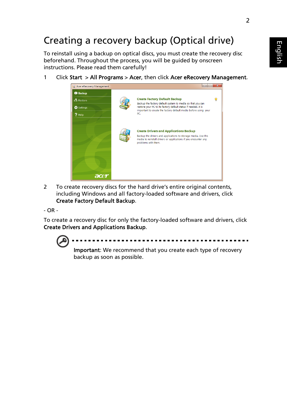 Creating a recovery backup (optical drive) | Acer Aspire One AO522 User Manual | Page 21 / 1810