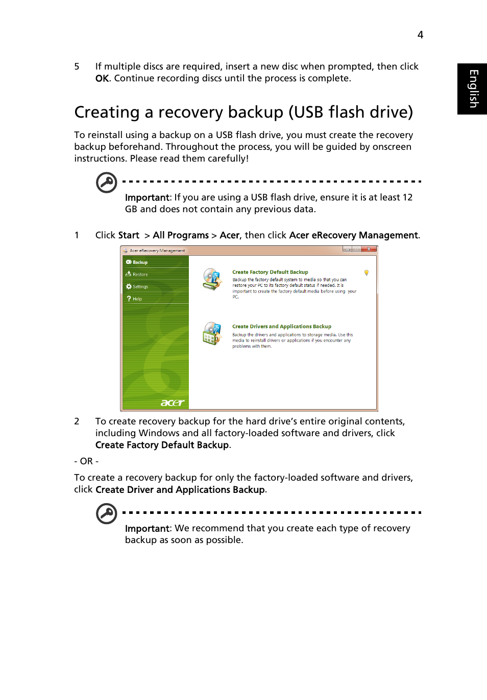 Creating a recovery backup (usb flash drive) | Acer Aspire One AO522 User Manual | Page 23 / 1810