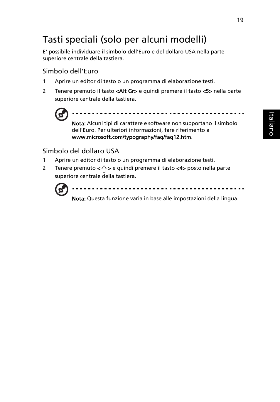 Tasti speciali (solo per alcuni modelli) | Acer Aspire One AO522 User Manual | Page 231 / 1810