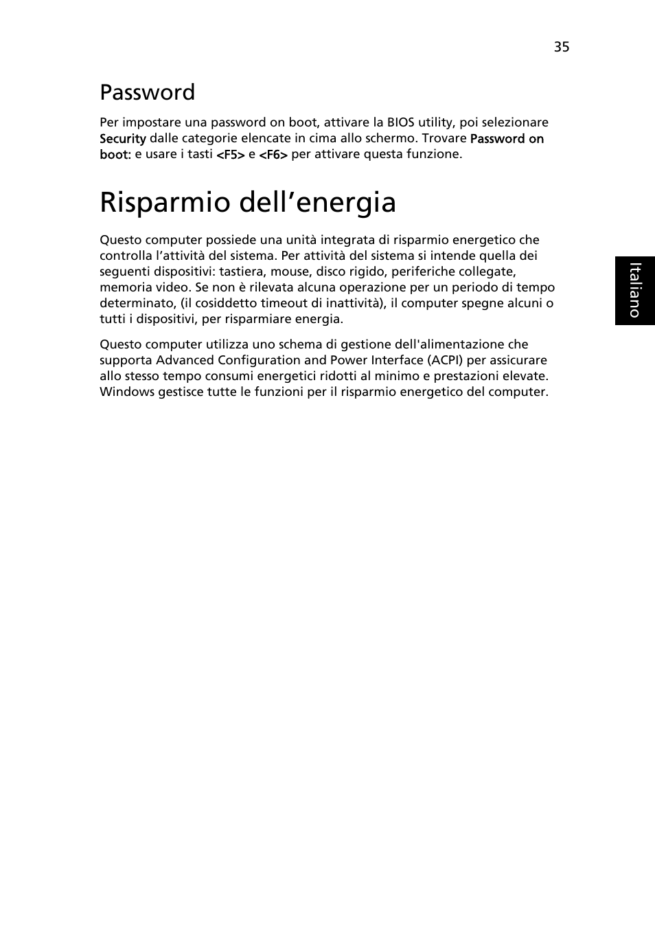Risparmio dell’energia, Password | Acer Aspire One AO522 User Manual | Page 247 / 1810