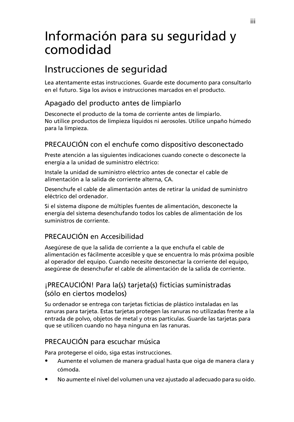 Información para su seguridad y comodidad, Instrucciones de seguridad | Acer Aspire One AO522 User Manual | Page 257 / 1810