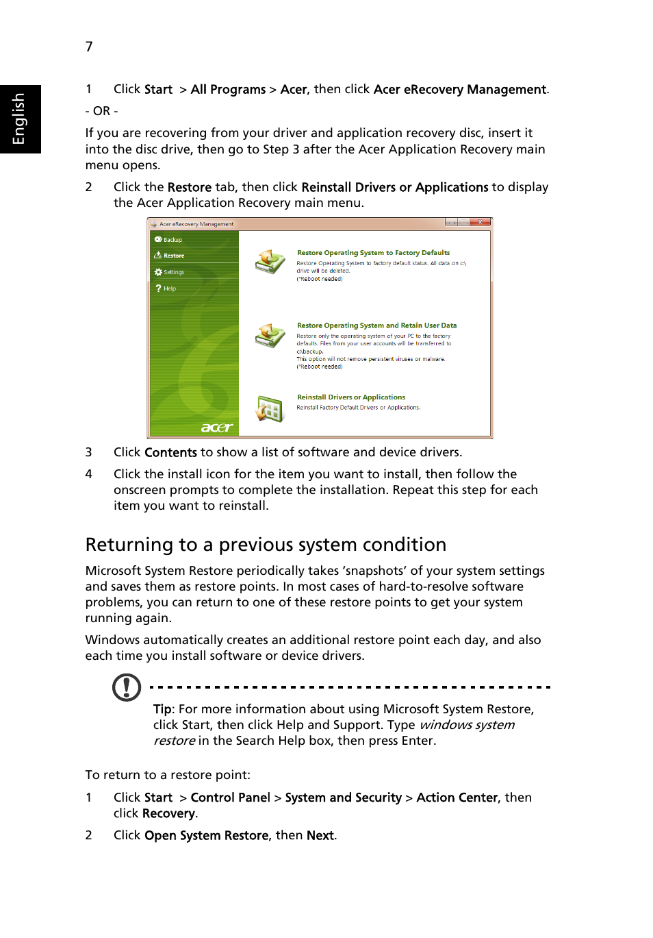 Returning to a previous system condition | Acer Aspire One AO522 User Manual | Page 26 / 1810