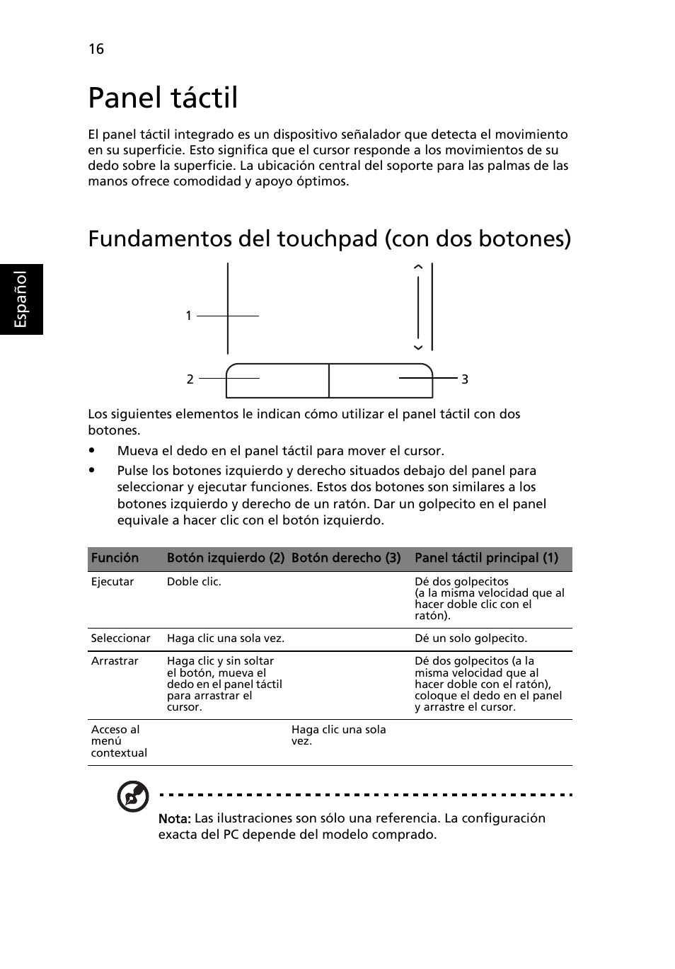 Panel táctil, Fundamentos del touchpad (con dos botones) | Acer Aspire One AO522 User Manual | Page 290 / 1810