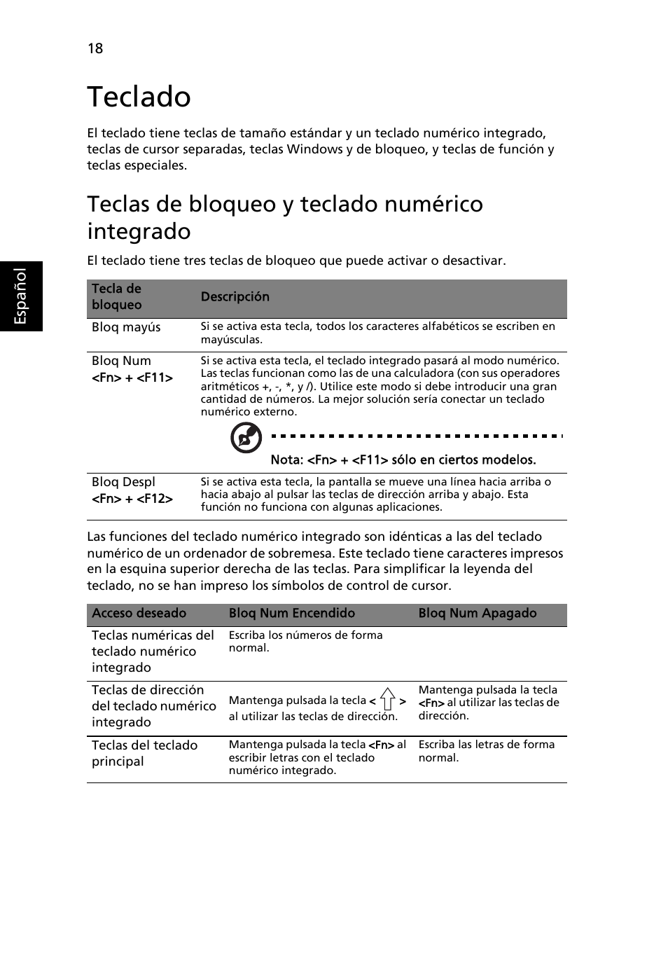 Teclado, Teclas de bloqueo y teclado numérico integrado | Acer Aspire One AO522 User Manual | Page 292 / 1810