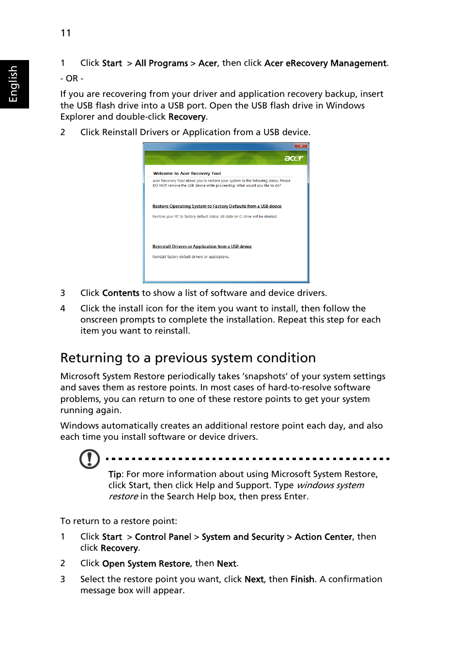 Returning to a previous system condition | Acer Aspire One AO522 User Manual | Page 30 / 1810