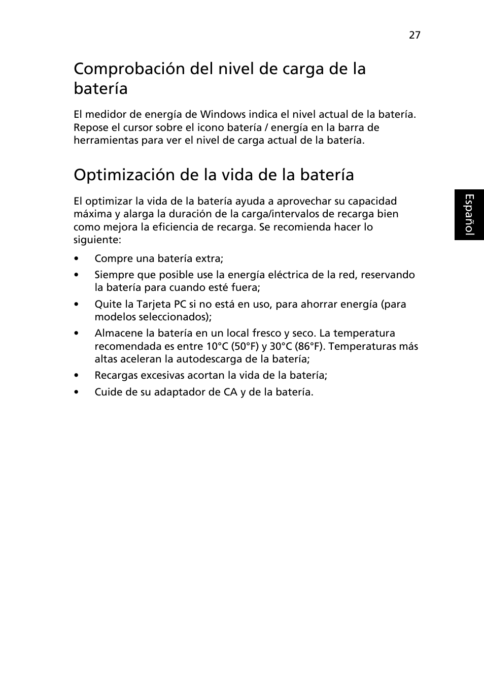 Comprobación del nivel de carga de la batería, Optimización de la vida de la batería | Acer Aspire One AO522 User Manual | Page 301 / 1810