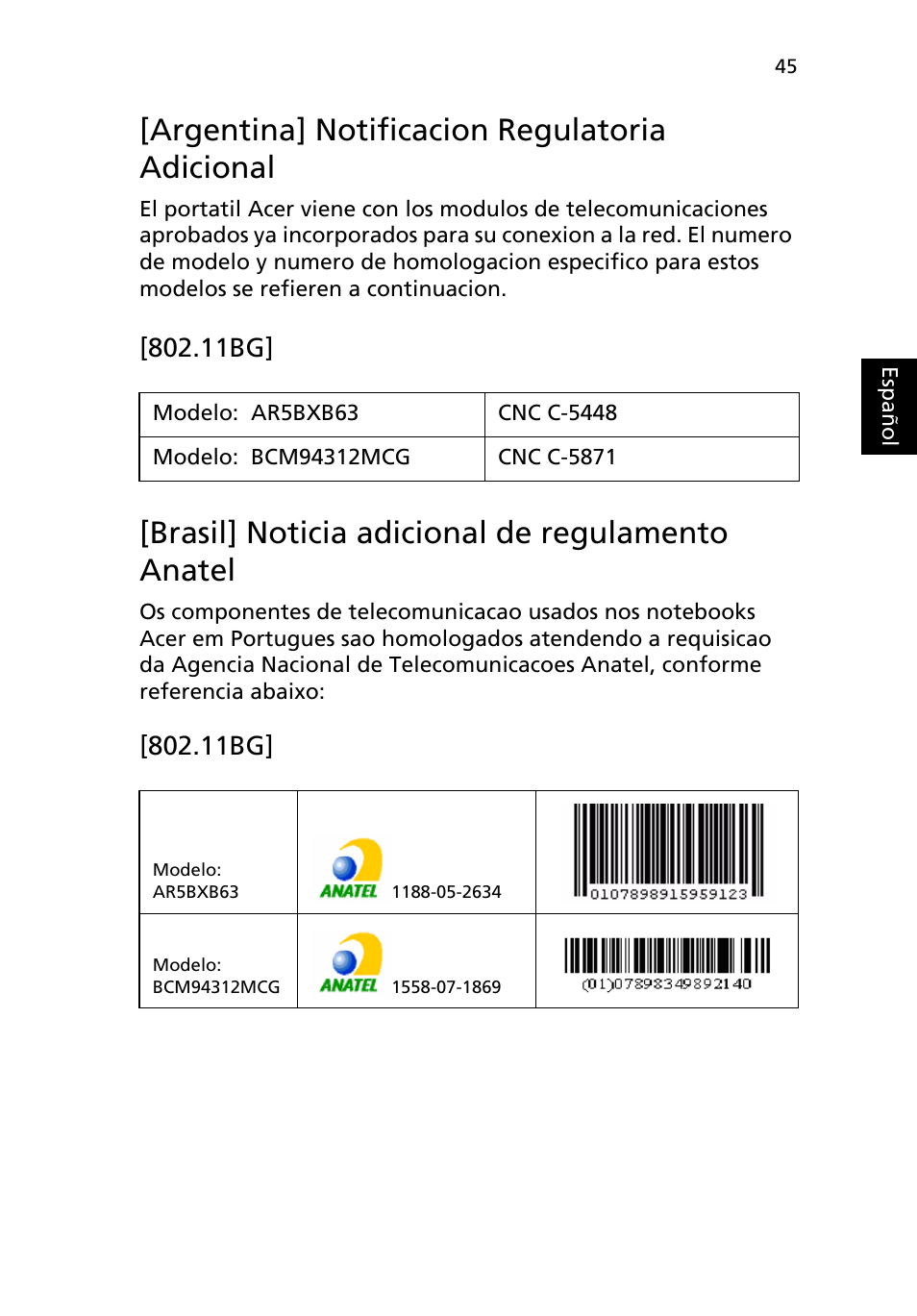 Argentina] notificacion regulatoria adicional, Brasil] noticia adicional de regulamento anatel, 11bg | Acer Aspire One AO522 User Manual | Page 319 / 1810