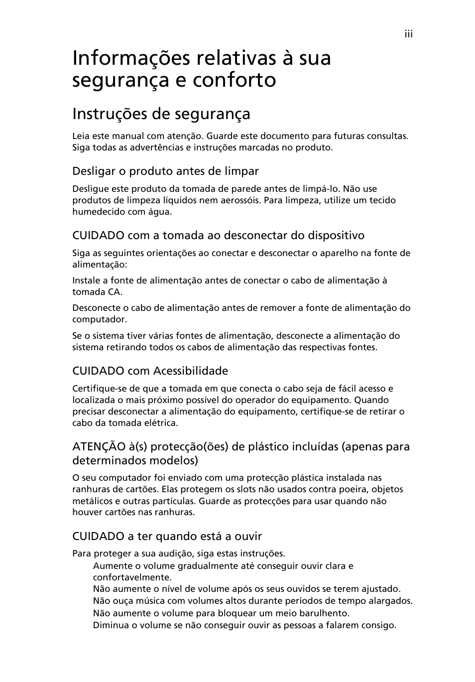 Informações relativas à sua segurança e conforto, Instruções de segurança | Acer Aspire One AO522 User Manual | Page 323 / 1810