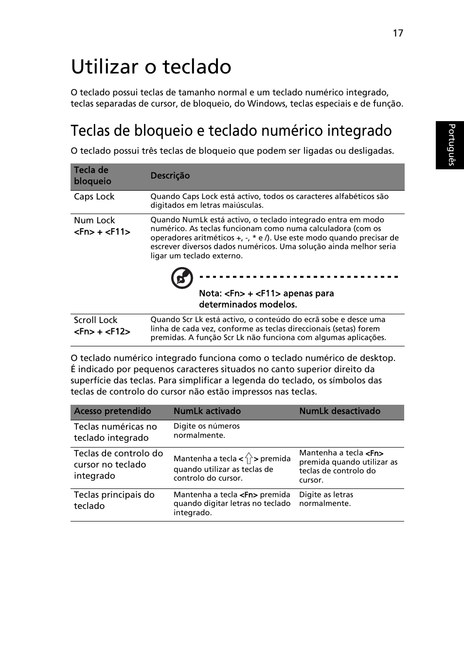 Utilizar o teclado, Teclas de bloqueio e teclado numérico integrado, Portugu ês | Acer Aspire One AO522 User Manual | Page 357 / 1810