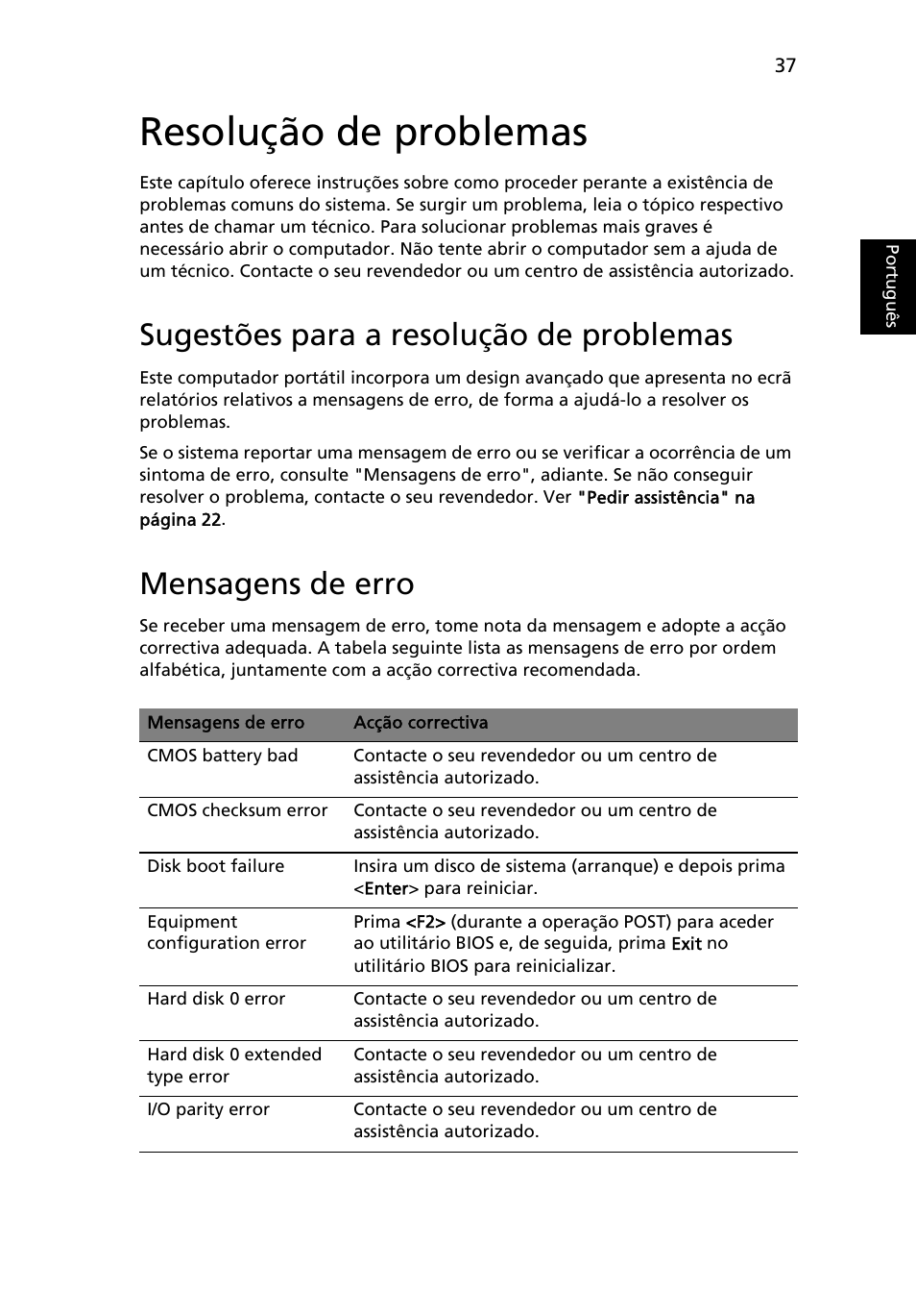 Resolução de problemas, Sugestões para a resolução de problemas, Mensagens de erro | Acer Aspire One AO522 User Manual | Page 377 / 1810