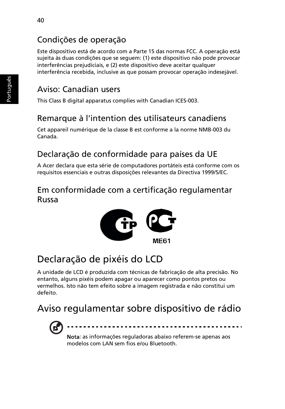 Declaração de pixéis do lcd, Aviso regulamentar sobre dispositivo de rádio, Condições de operação | Aviso: canadian users, Remarque à l'intention des utilisateurs canadiens, Declaração de conformidade para países da ue | Acer Aspire One AO522 User Manual | Page 380 / 1810