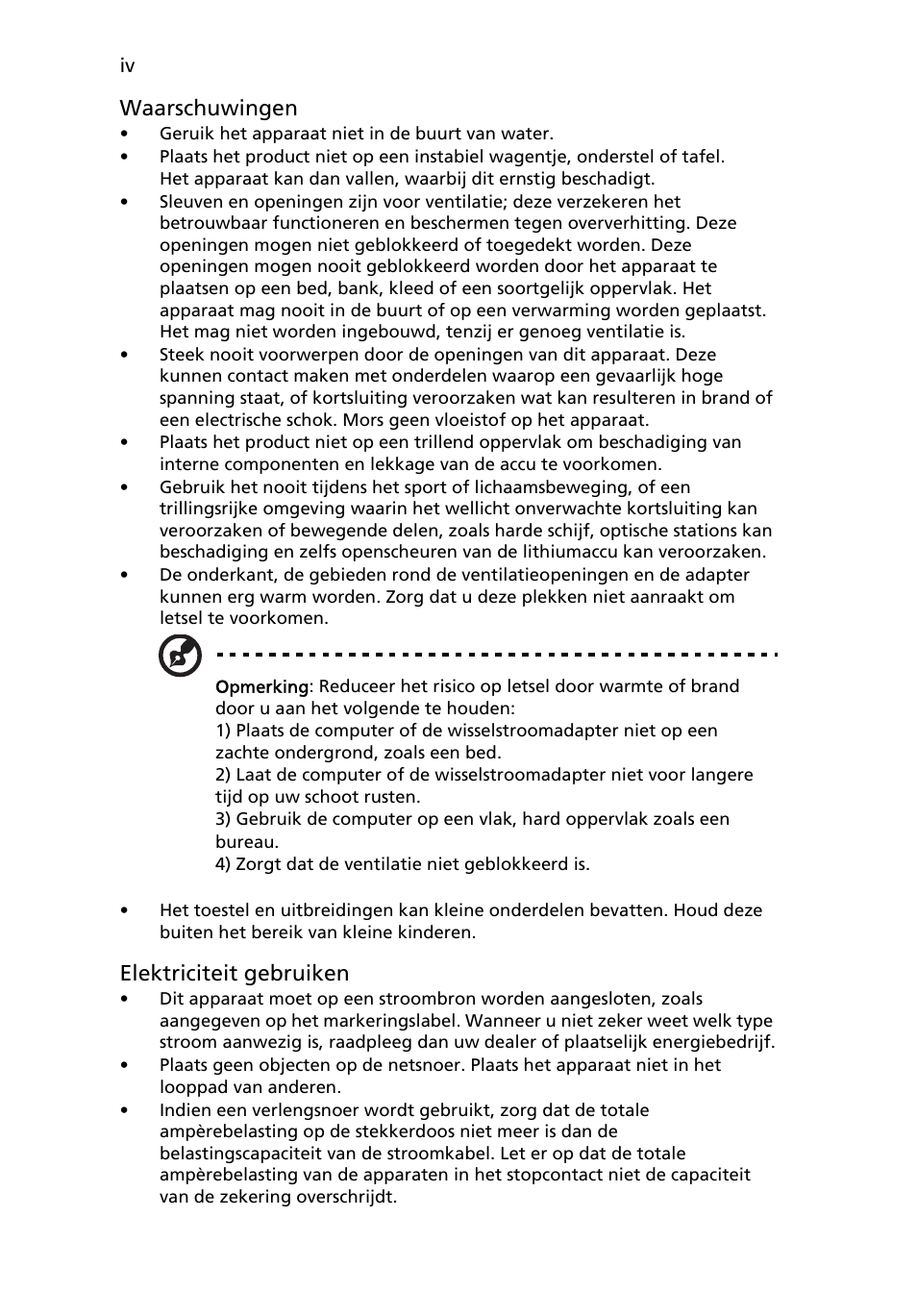 Waarschuwingen, Elektriciteit gebruiken | Acer Aspire One AO522 User Manual | Page 388 / 1810