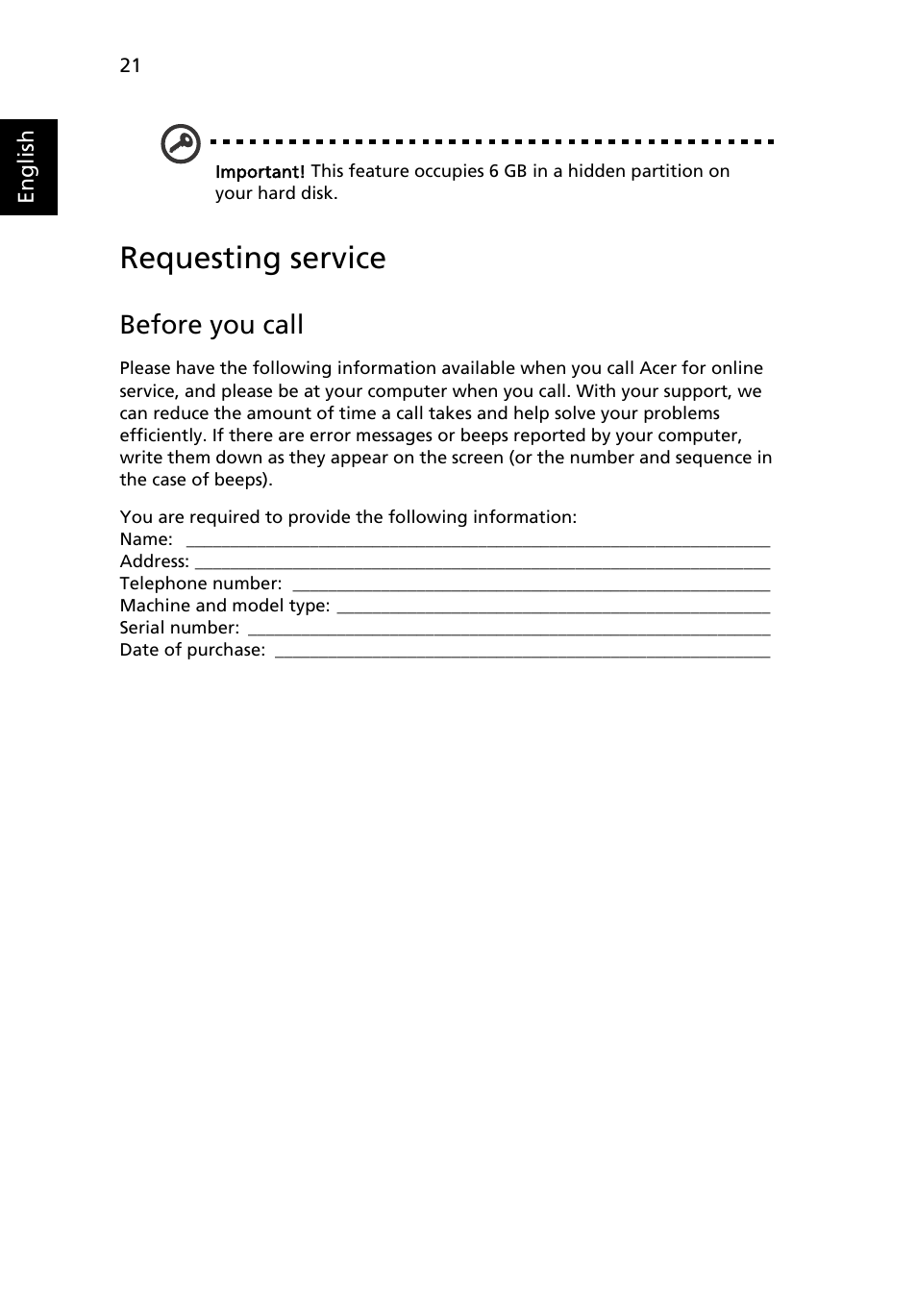 Requesting service, Before you call | Acer Aspire One AO522 User Manual | Page 40 / 1810