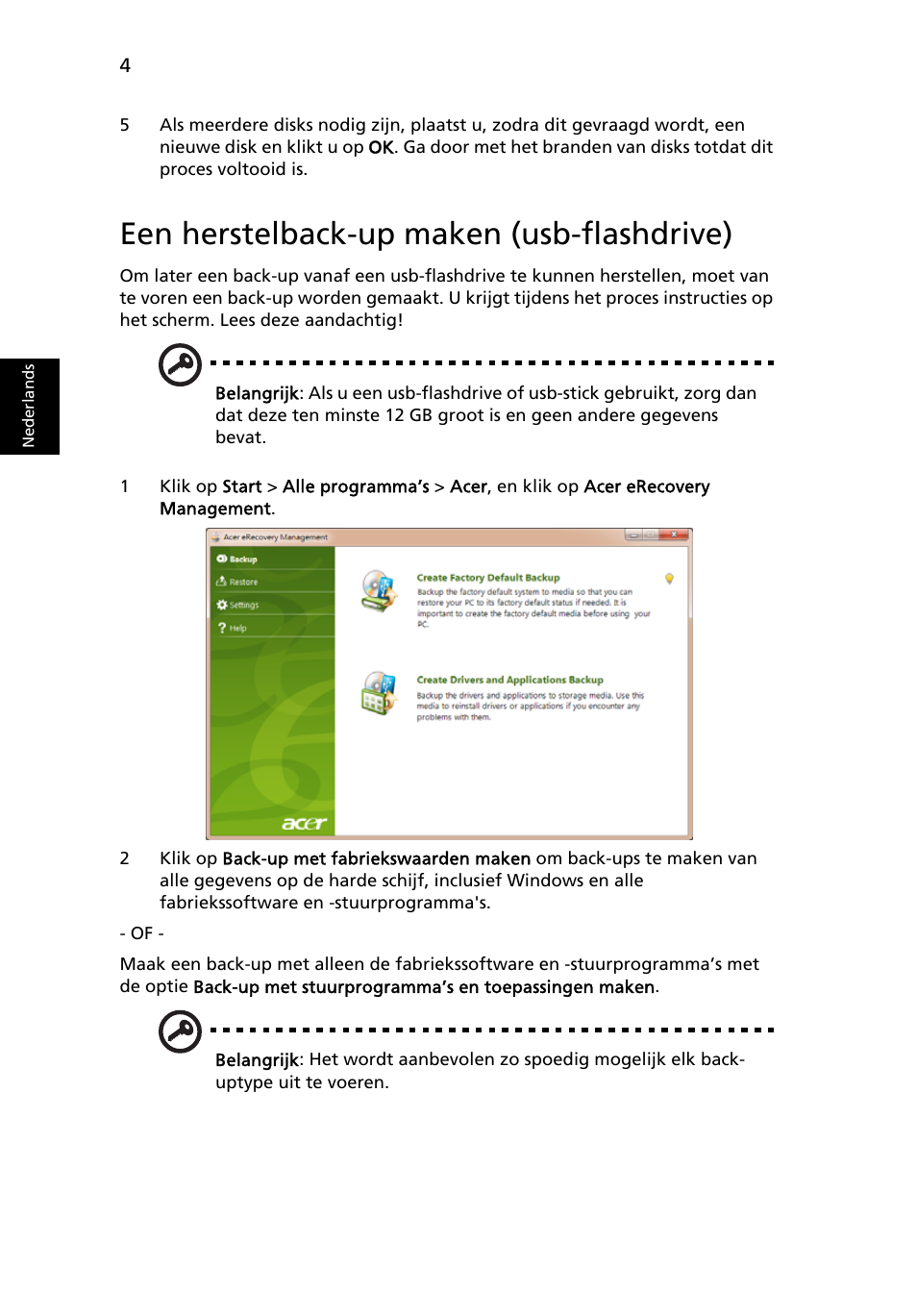 Een herstelback-up maken (usb-flashdrive) | Acer Aspire One AO522 User Manual | Page 408 / 1810