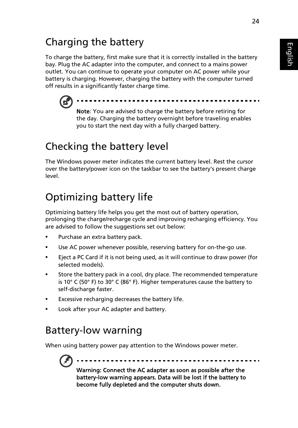 Charging the battery, Checking the battery level, Optimizing battery life | Battery-low warning | Acer Aspire One AO522 User Manual | Page 43 / 1810