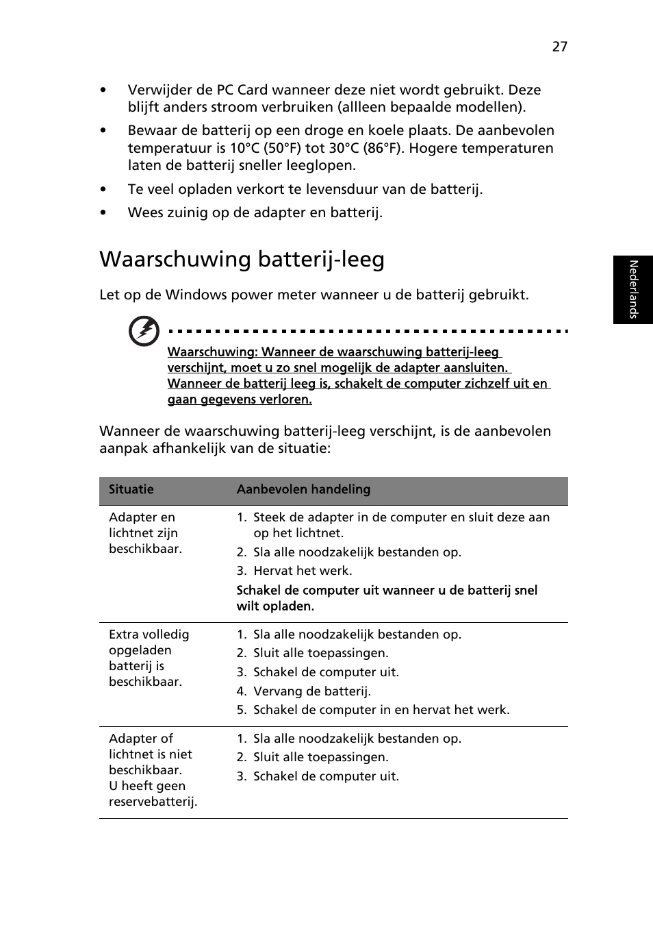 Waarschuwing batterij-leeg | Acer Aspire One AO522 User Manual | Page 431 / 1810