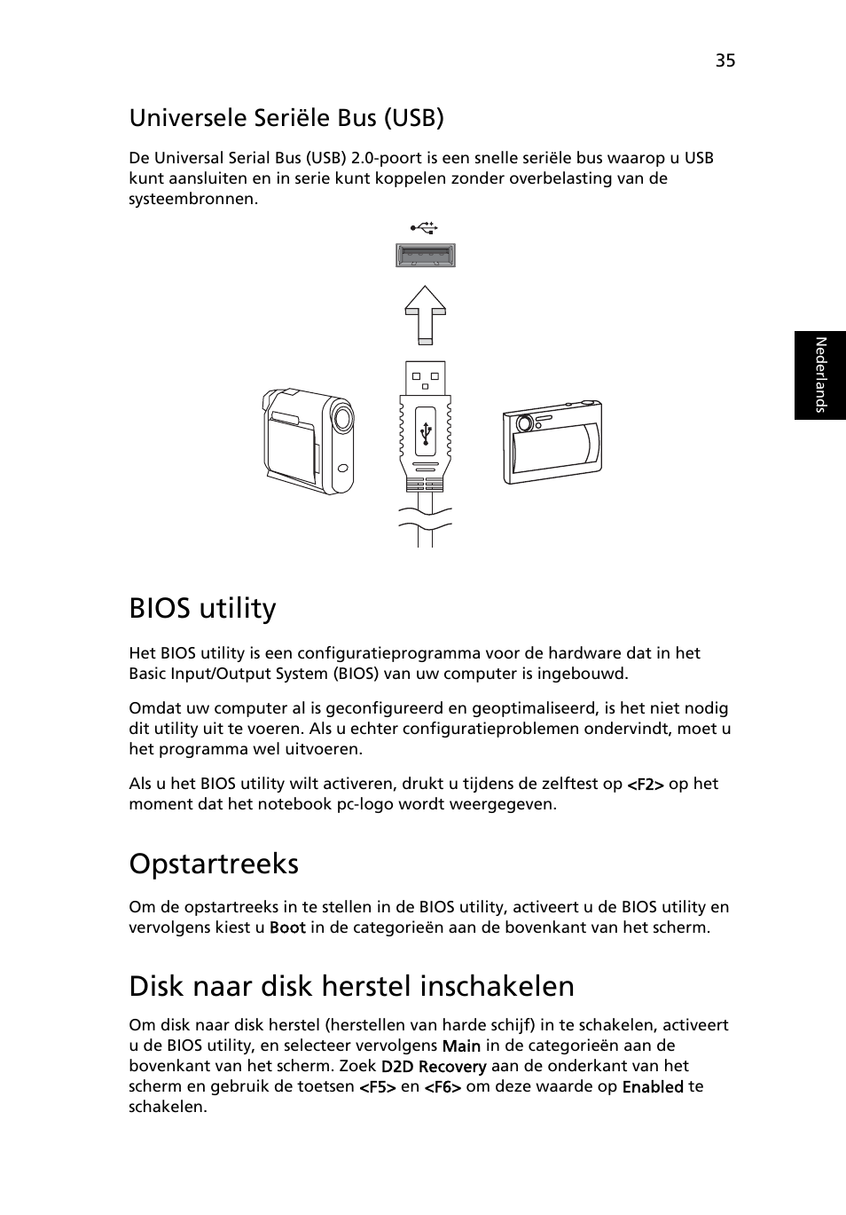 Bios utility, Universele seriële bus (usb), Opstartreeks | Disk naar disk herstel inschakelen | Acer Aspire One AO522 User Manual | Page 439 / 1810