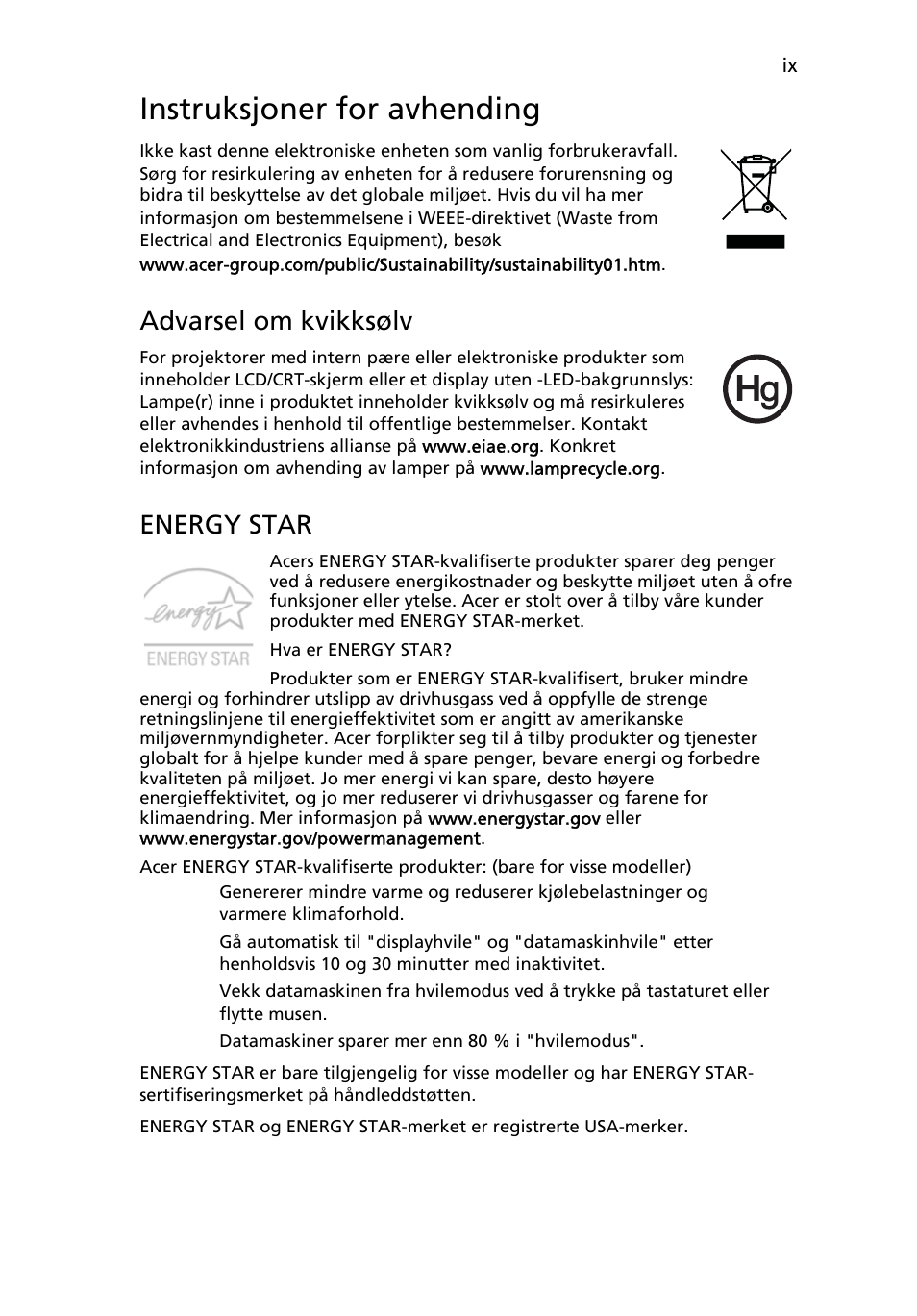 Instruksjoner for avhending, Advarsel om kvikksølv, Energy star | Acer Aspire One AO522 User Manual | Page 457 / 1810