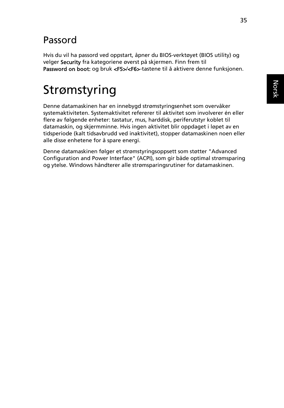 Strømstyring, Passord | Acer Aspire One AO522 User Manual | Page 501 / 1810