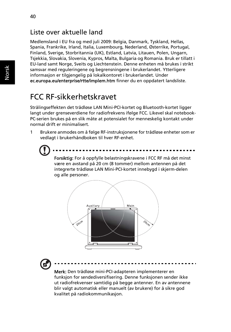 Fcc rf-sikkerhetskravet, Liste over aktuelle land | Acer Aspire One AO522 User Manual | Page 506 / 1810