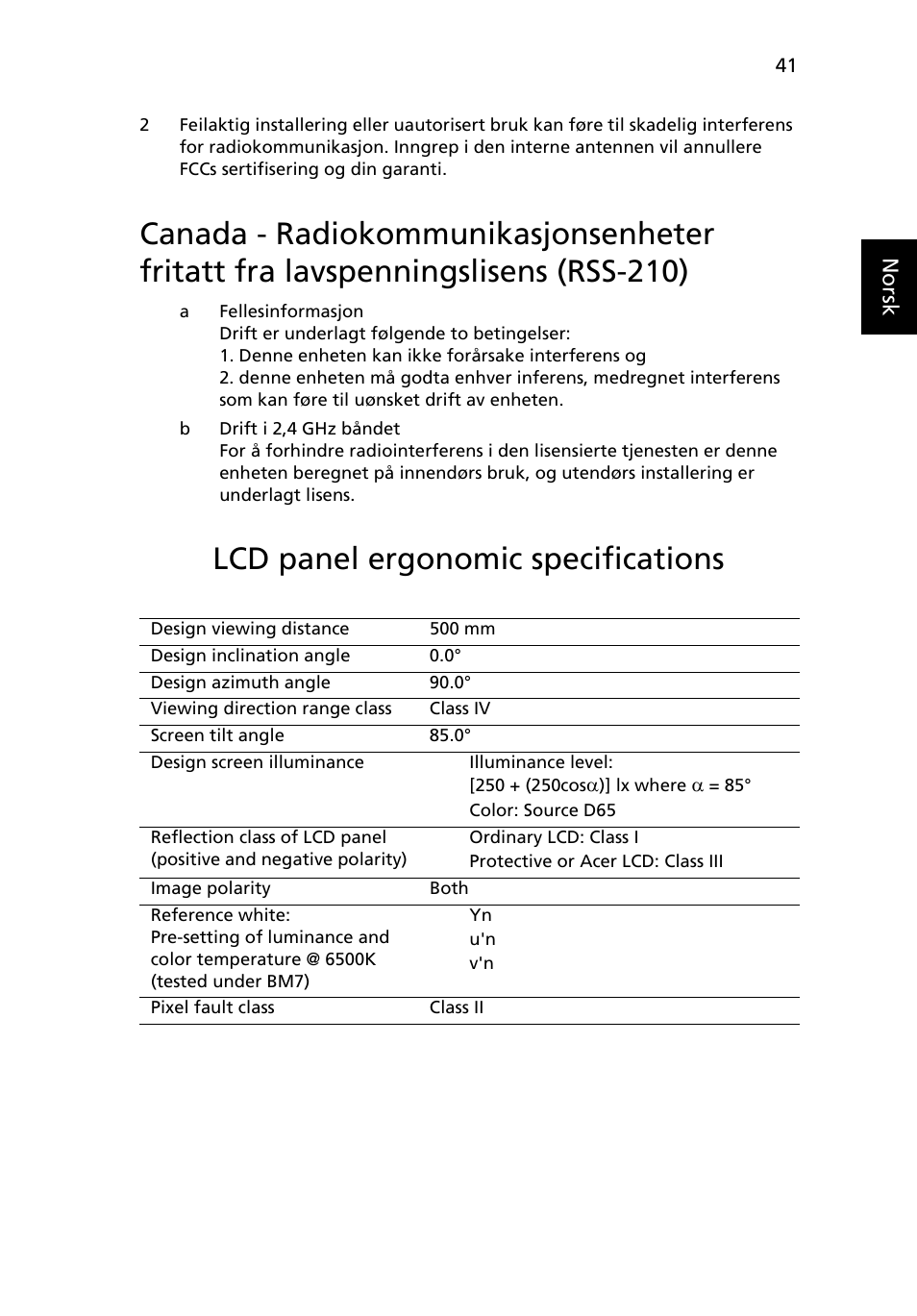 Lcd panel ergonomic specifications, Canada - radiokommunikasjonsenheter fritatt fra, Lavspenningslisens (rss-210) | Acer Aspire One AO522 User Manual | Page 507 / 1810