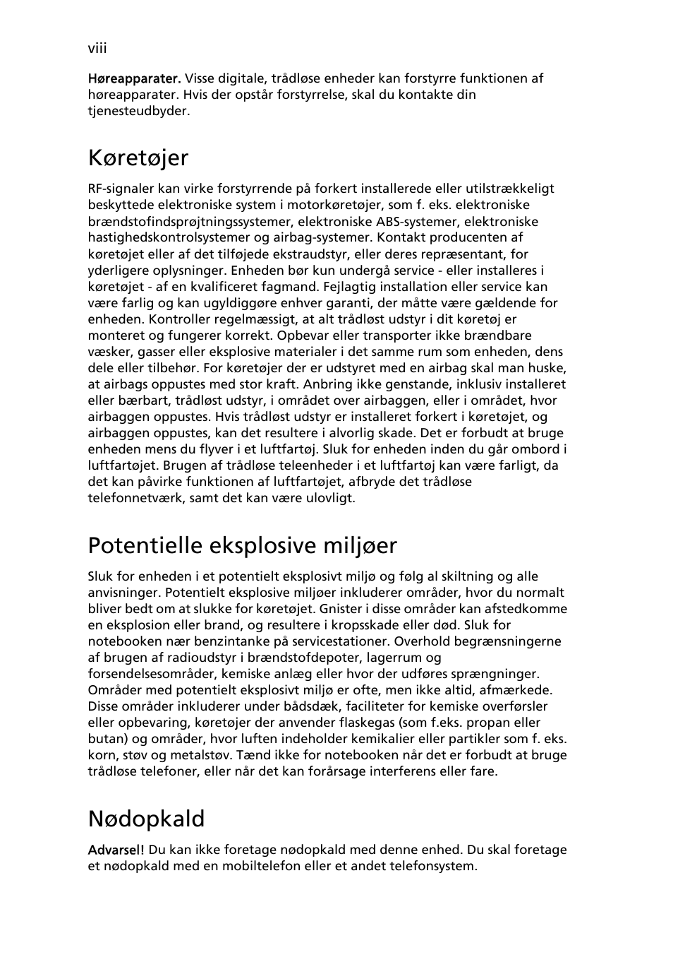 Køretøjer, Potentielle eksplosive miljøer, Nødopkald | Acer Aspire One AO522 User Manual | Page 516 / 1810