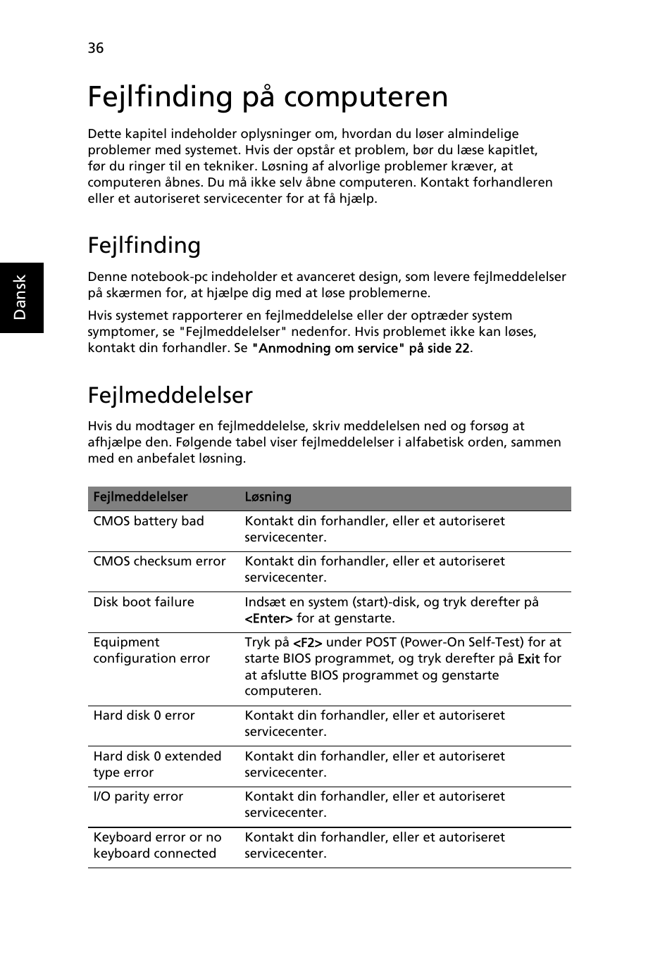 Fejlfinding på computeren, Fejlfinding, Fejlmeddelelser | Acer Aspire One AO522 User Manual | Page 562 / 1810